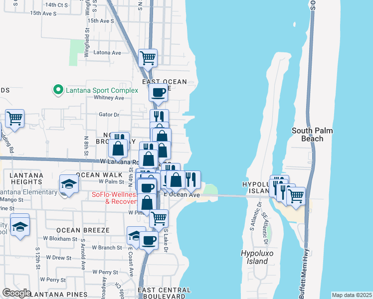 map of restaurants, bars, coffee shops, grocery stores, and more near 301 Croton Avenue in Lantana