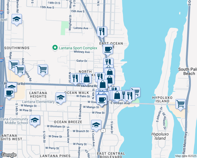 map of restaurants, bars, coffee shops, grocery stores, and more near 319 Melody Lane in Lantana