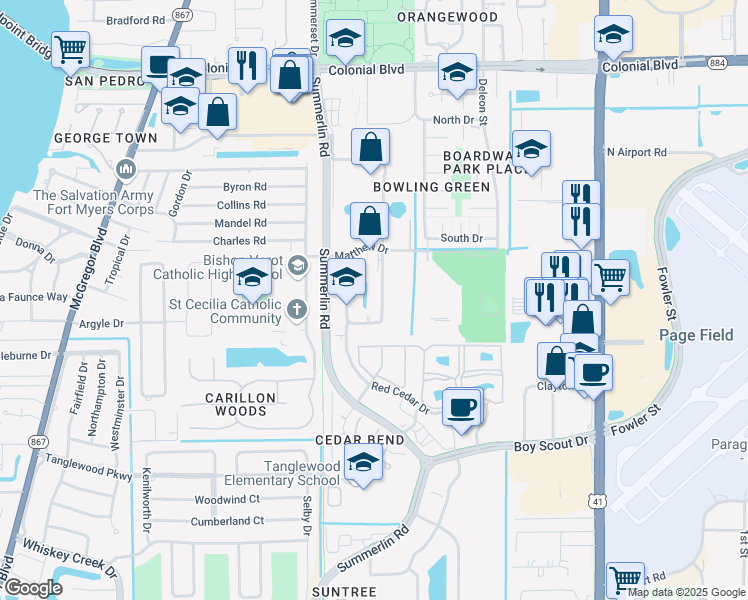 map of restaurants, bars, coffee shops, grocery stores, and more near 35 Barkley Circle in Fort Myers