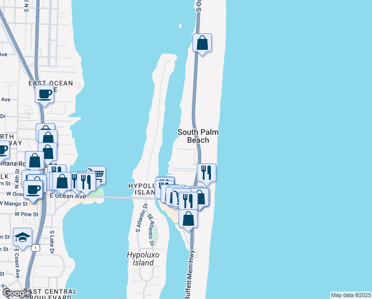 map of restaurants, bars, coffee shops, grocery stores, and more near 3605 South Ocean Boulevard in South Palm Beach