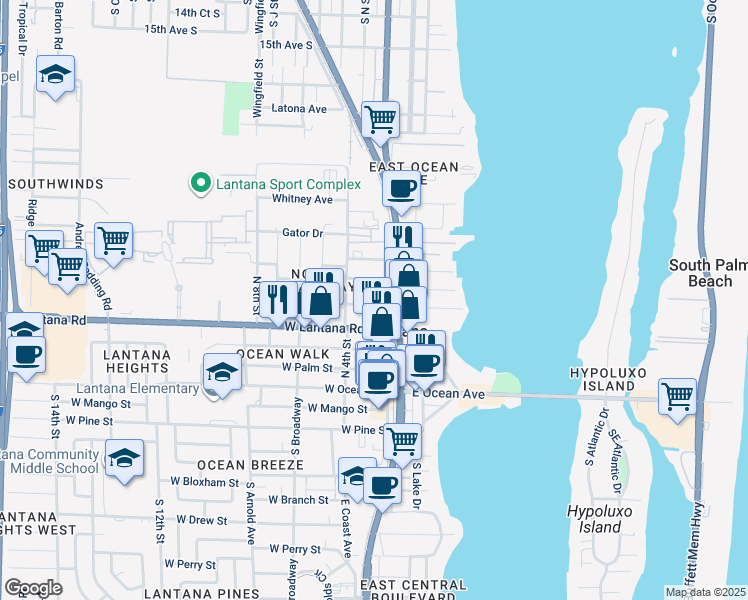 map of restaurants, bars, coffee shops, grocery stores, and more near 319 Melody Lane in Lantana