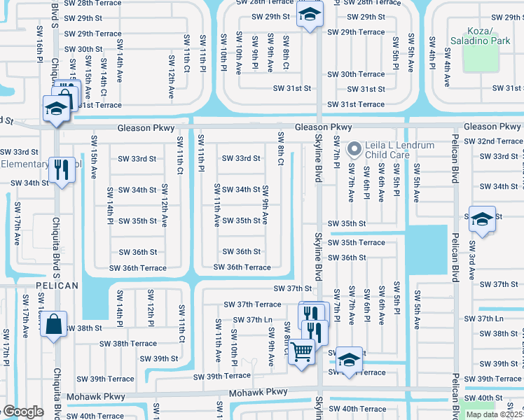 map of restaurants, bars, coffee shops, grocery stores, and more near 910 Southwest 34th Terrace in Cape Coral