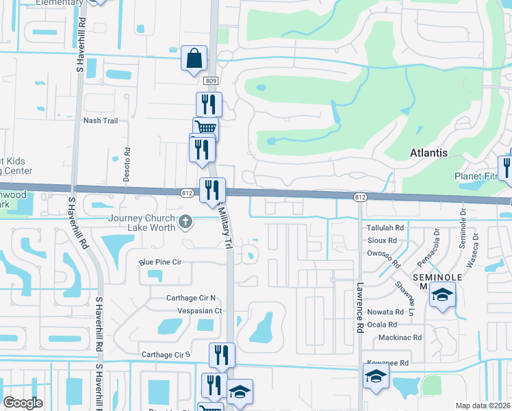 map of restaurants, bars, coffee shops, grocery stores, and more near 1280 Lantana Road in Lantana