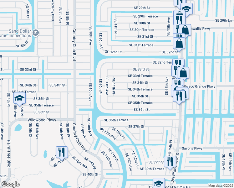 map of restaurants, bars, coffee shops, grocery stores, and more near 1114 Southeast 35th Street in Cape Coral