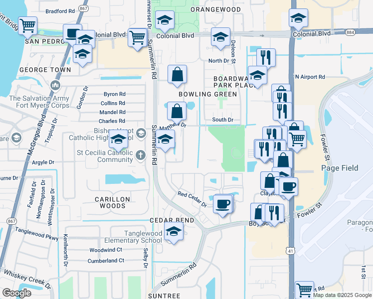 map of restaurants, bars, coffee shops, grocery stores, and more near 40 Barkley Circle in Fort Myers