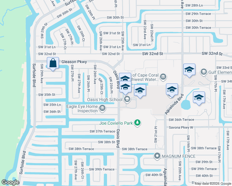 map of restaurants, bars, coffee shops, grocery stores, and more near 3425 Southwest 25th Place in Cape Coral