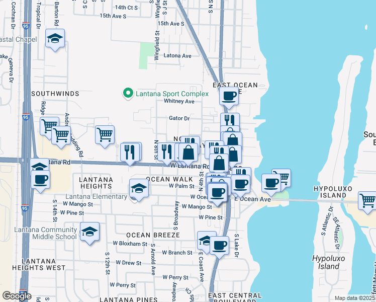 map of restaurants, bars, coffee shops, grocery stores, and more near 420 North 5th Street in Lantana