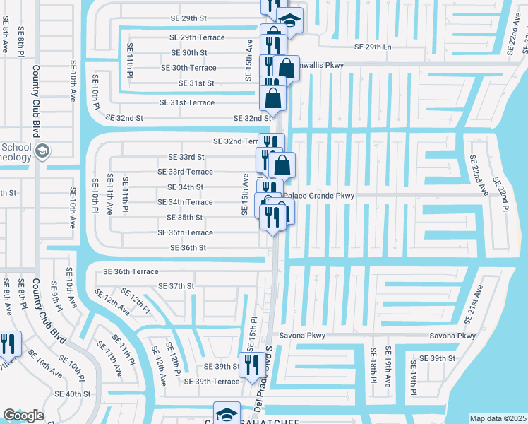 map of restaurants, bars, coffee shops, grocery stores, and more near 3422 Del Prado Boulevard South in Cape Coral