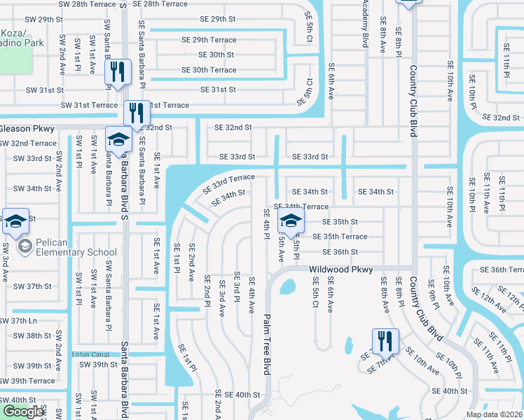 map of restaurants, bars, coffee shops, grocery stores, and more near 3428 Southeast 4th Place in Cape Coral