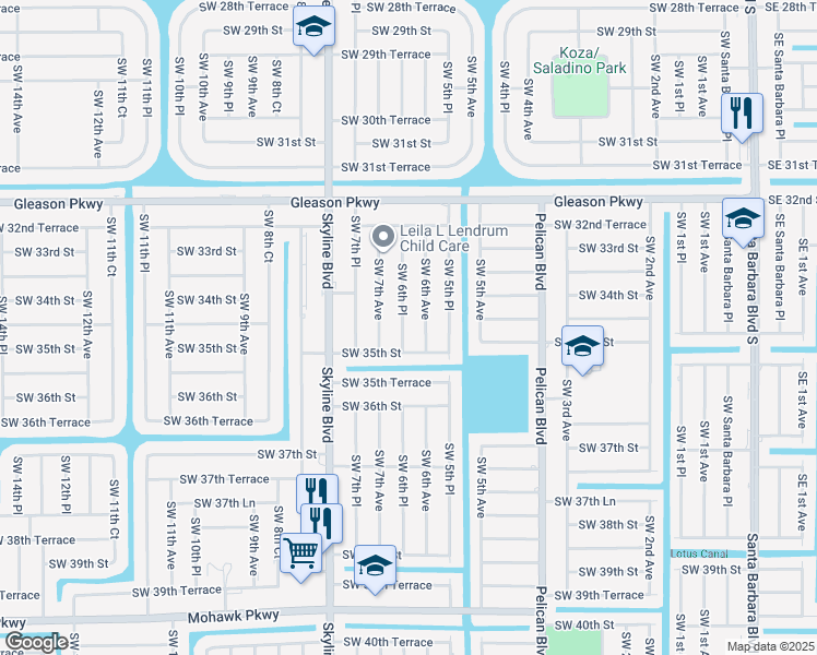 map of restaurants, bars, coffee shops, grocery stores, and more near 3435 Southwest 6th Avenue in Cape Coral