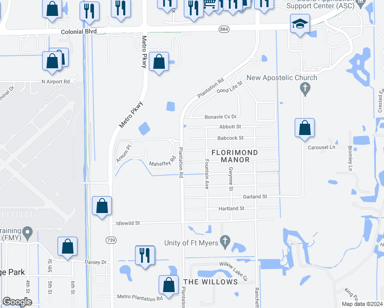 map of restaurants, bars, coffee shops, grocery stores, and more near 6540 Canton Street in Fort Myers