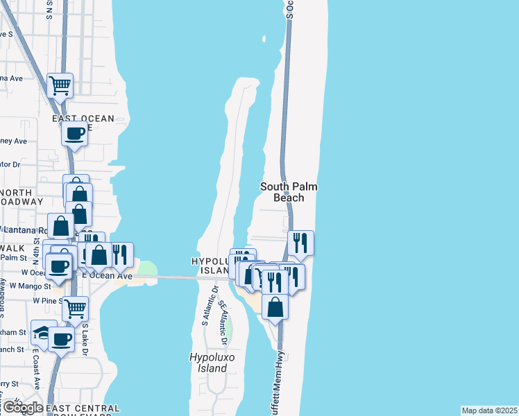 map of restaurants, bars, coffee shops, grocery stores, and more near 3605 South Ocean Boulevard in South Palm Beach