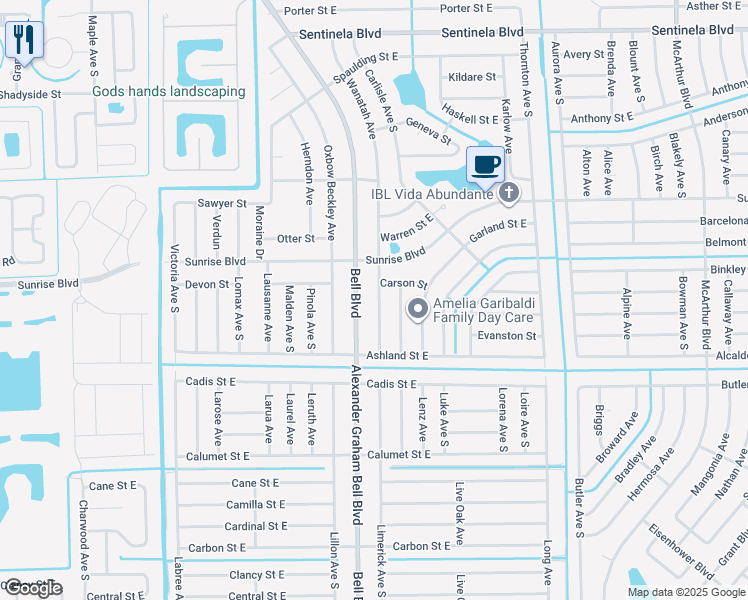 map of restaurants, bars, coffee shops, grocery stores, and more near 225 Bell Boulevard in Lehigh Acres