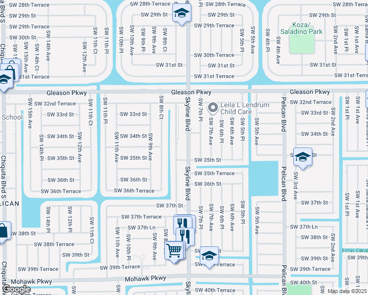 map of restaurants, bars, coffee shops, grocery stores, and more near 3431 Southwest 8th Place in Cape Coral