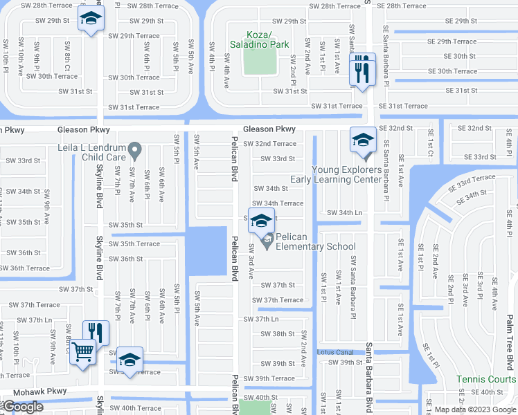 map of restaurants, bars, coffee shops, grocery stores, and more near 242 Southwest 34th Terrace in Cape Coral