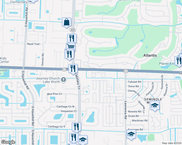 map of restaurants, bars, coffee shops, grocery stores, and more near 1280 Lantana Road in Lantana