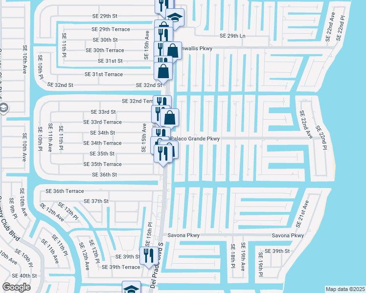 map of restaurants, bars, coffee shops, grocery stores, and more near 1619 Palaco Grande Parkway in Cape Coral