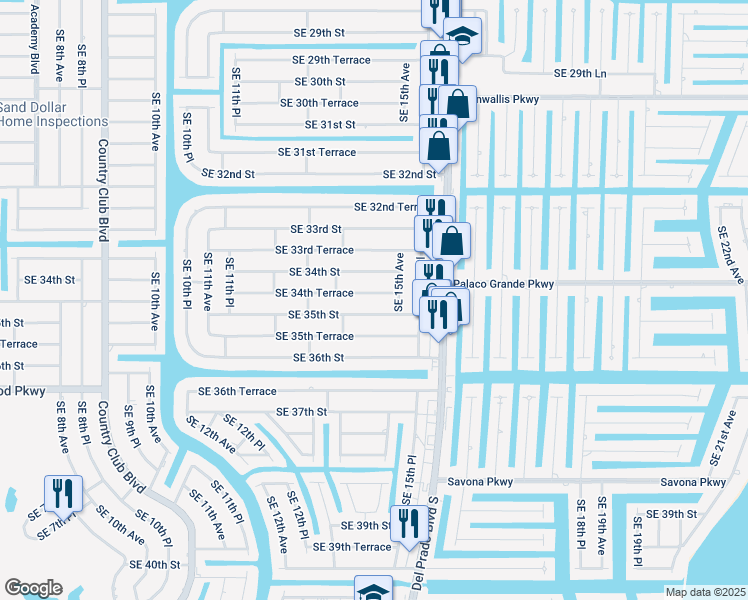 map of restaurants, bars, coffee shops, grocery stores, and more near 1422 Southeast 34th Street in Cape Coral