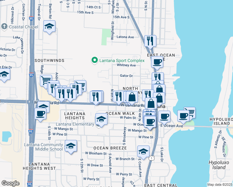 map of restaurants, bars, coffee shops, grocery stores, and more near 606 North 8th Street in Lantana