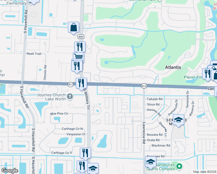map of restaurants, bars, coffee shops, grocery stores, and more near 519 Pine Tree Court in Lake Worth