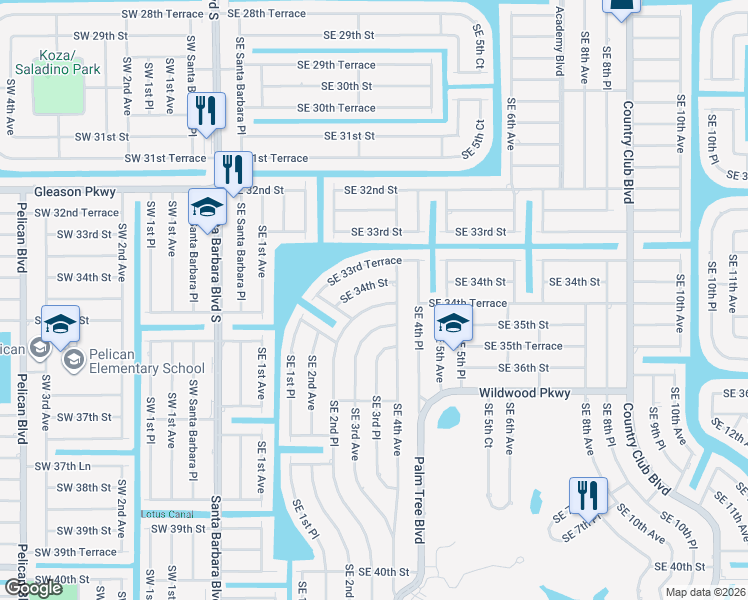 map of restaurants, bars, coffee shops, grocery stores, and more near 331 Southeast 34th Street in Cape Coral