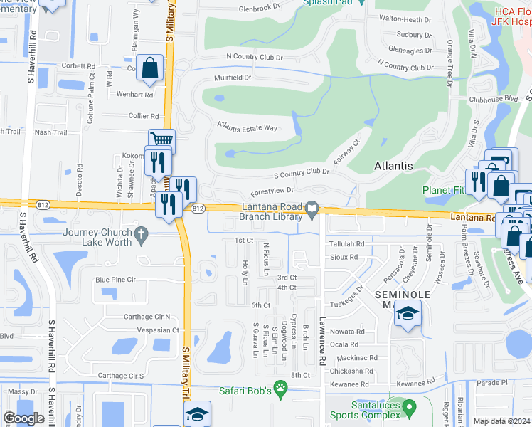 map of restaurants, bars, coffee shops, grocery stores, and more near 6008 Lace Wood Circle in Lake Worth