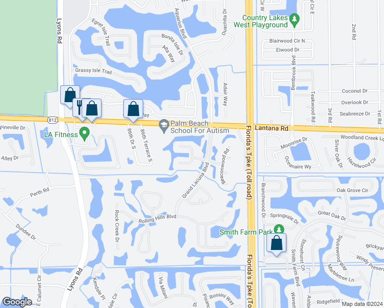 map of restaurants, bars, coffee shops, grocery stores, and more near Bear Creek Court in Lake Worth