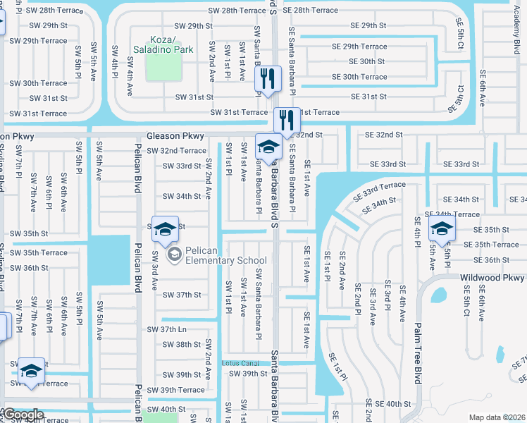 map of restaurants, bars, coffee shops, grocery stores, and more near 3407 Southwest Santa Barbara Place in Cape Coral