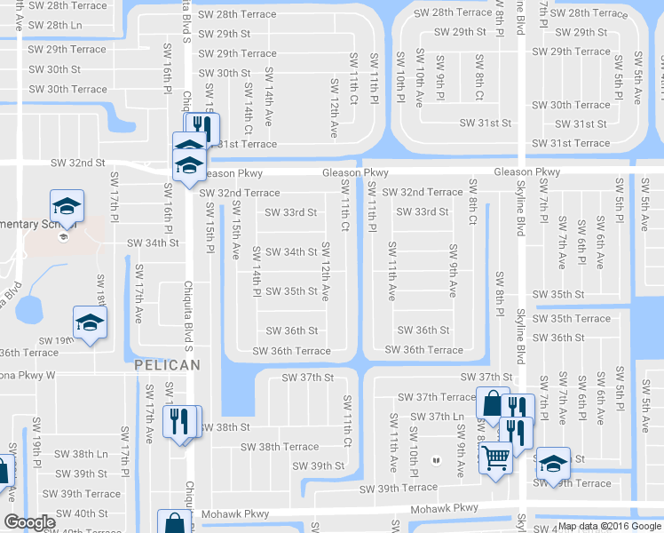 map of restaurants, bars, coffee shops, grocery stores, and more near 3415 Southwest 12th Avenue in Cape Coral
