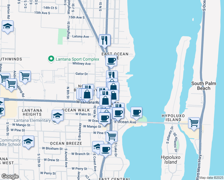 map of restaurants, bars, coffee shops, grocery stores, and more near 636 North Dixie Highway in Lantana