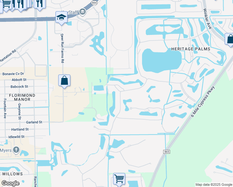 map of restaurants, bars, coffee shops, grocery stores, and more near 10538 Washingtonia Palm Way in Fort Myers