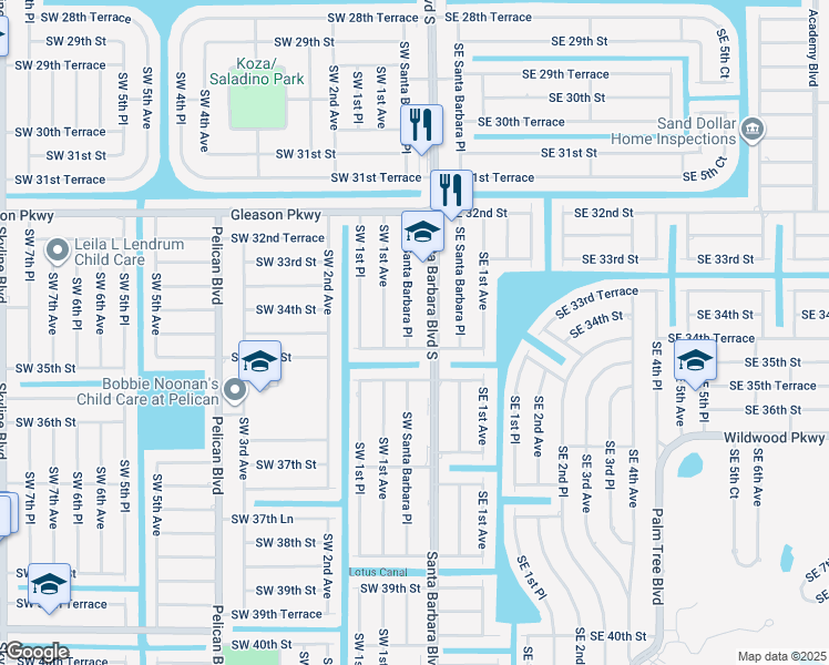 map of restaurants, bars, coffee shops, grocery stores, and more near 3407 Southwest Santa Barbara Place in Cape Coral