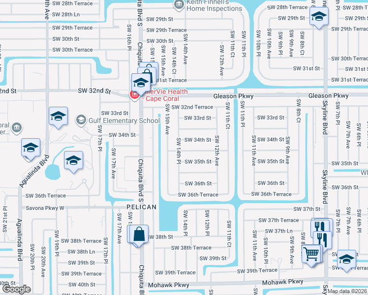 map of restaurants, bars, coffee shops, grocery stores, and more near 1323 Southwest 34th Street in Cape Coral