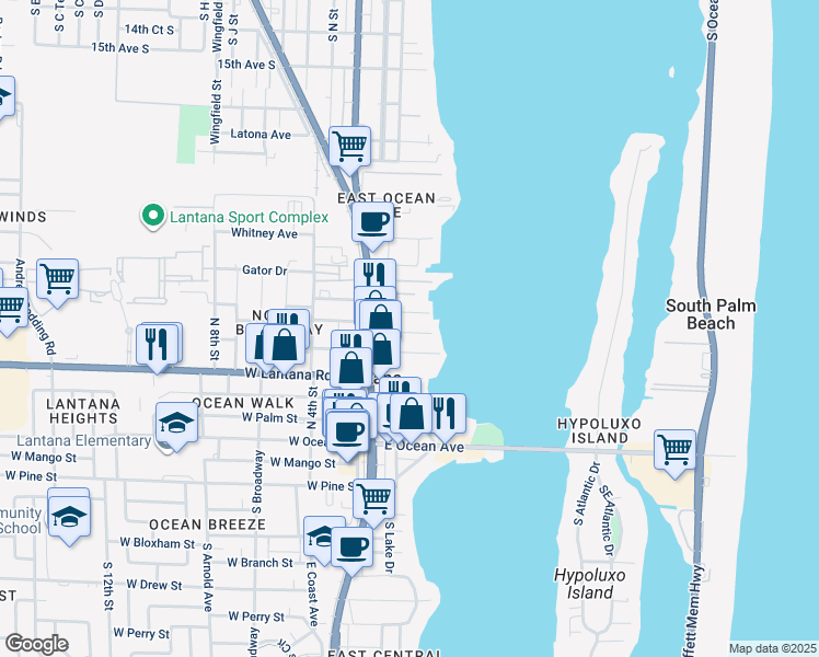 map of restaurants, bars, coffee shops, grocery stores, and more near 211 Sunrise Avenue in Lantana