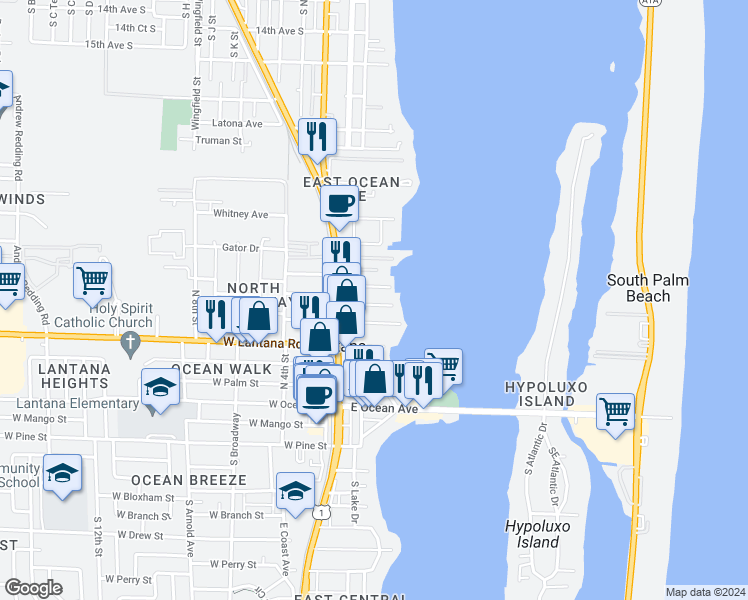 map of restaurants, bars, coffee shops, grocery stores, and more near 211 Sunrise Avenue in Lantana