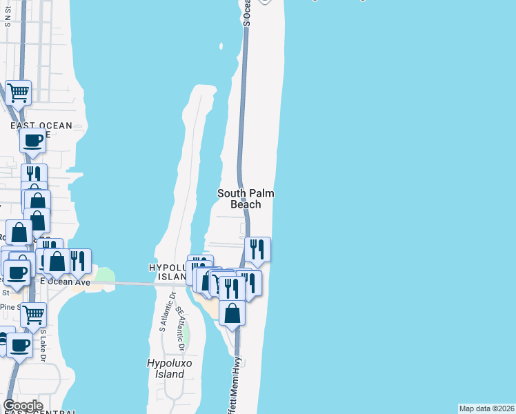 map of restaurants, bars, coffee shops, grocery stores, and more near 3590 South Ocean Boulevard in Palm Beach