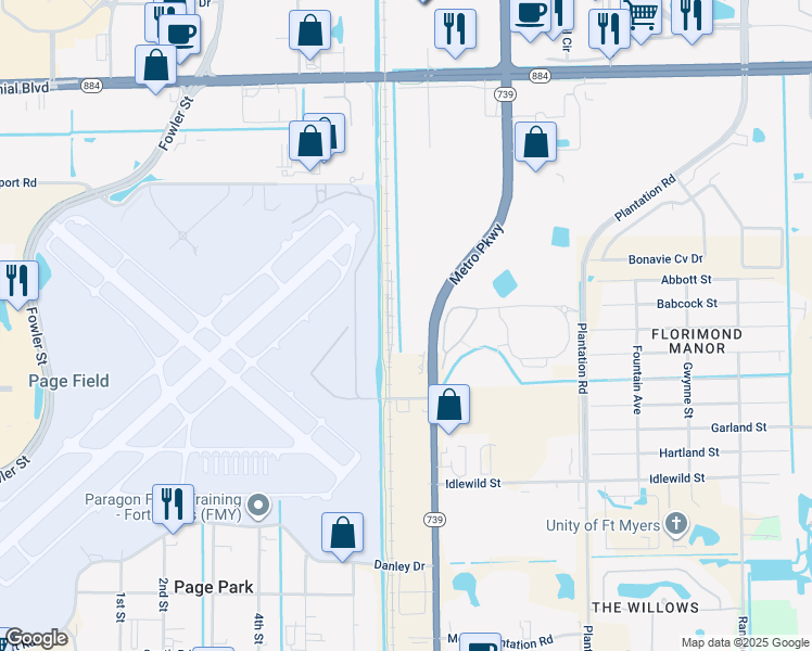 map of restaurants, bars, coffee shops, grocery stores, and more near John Yarbrough Linear Park Trail in Fort Myers