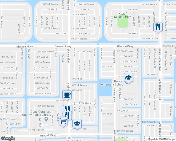 map of restaurants, bars, coffee shops, grocery stores, and more near 3407 Southwest 6th Avenue in Cape Coral