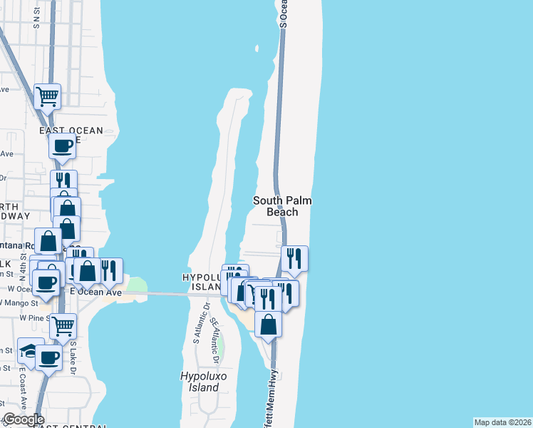 map of restaurants, bars, coffee shops, grocery stores, and more near 3589 South Ocean Boulevard in South Palm Beach