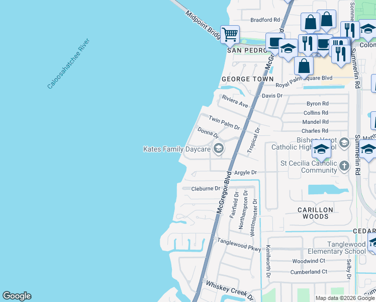 map of restaurants, bars, coffee shops, grocery stores, and more near 6103 West Riverside Drive in Fort Myers