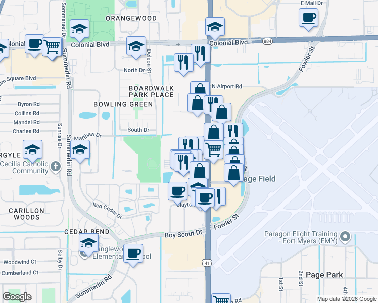 map of restaurants, bars, coffee shops, grocery stores, and more near 4910 Silver Gate Lane in Fort Myers