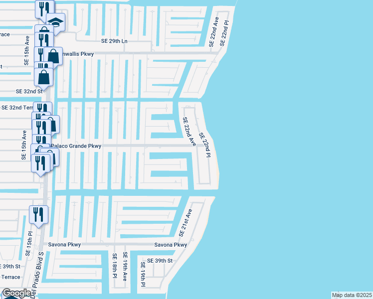 map of restaurants, bars, coffee shops, grocery stores, and more near 2024 Palaco Grande Parkway in Cape Coral