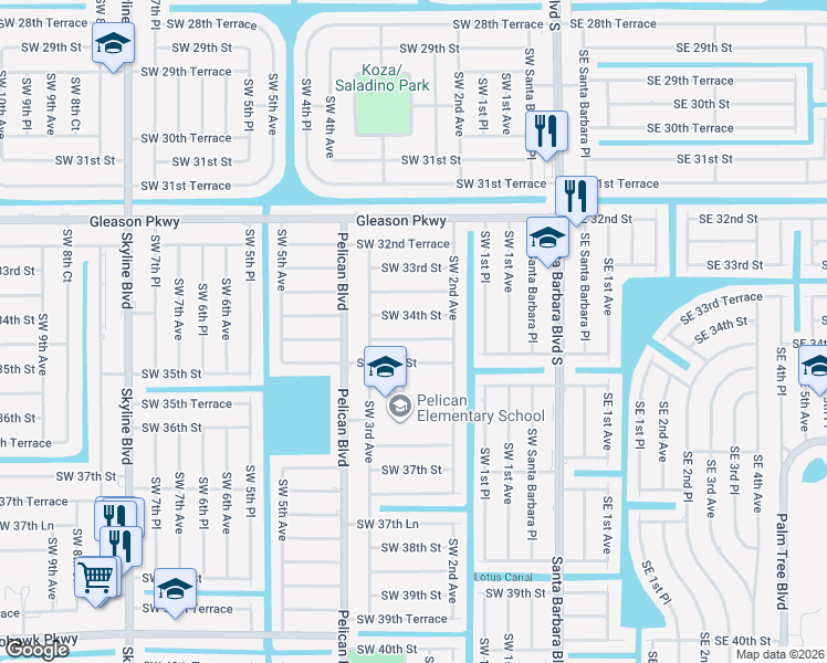map of restaurants, bars, coffee shops, grocery stores, and more near 220 Southwest 34th Street in Cape Coral