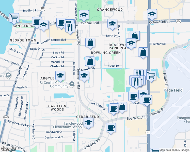map of restaurants, bars, coffee shops, grocery stores, and more near 1600 Matthew Drive in Fort Myers
