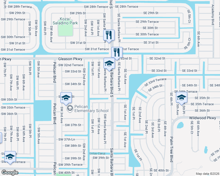 map of restaurants, bars, coffee shops, grocery stores, and more near 3407 Southwest Santa Barbara Place in Cape Coral