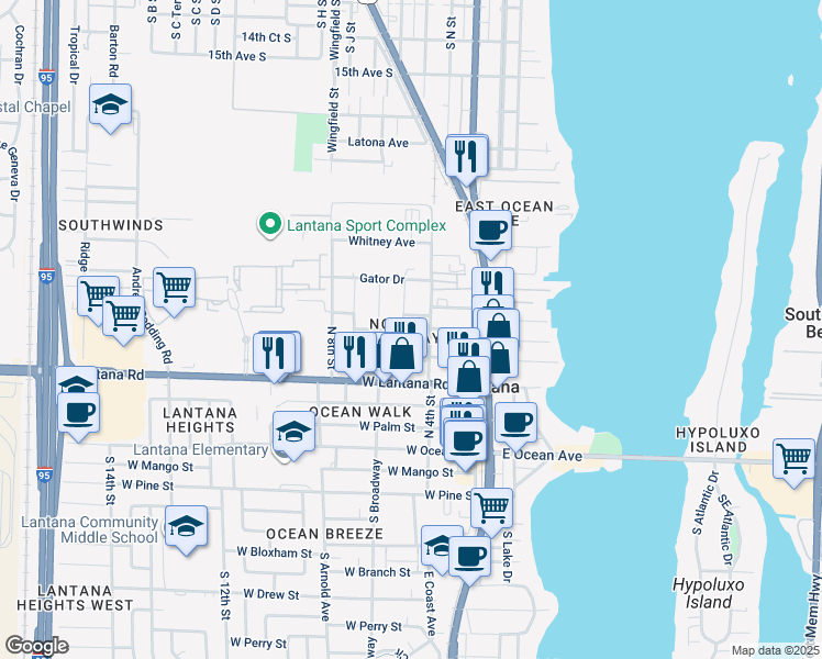 map of restaurants, bars, coffee shops, grocery stores, and more near 614 North 5th Street in Lantana