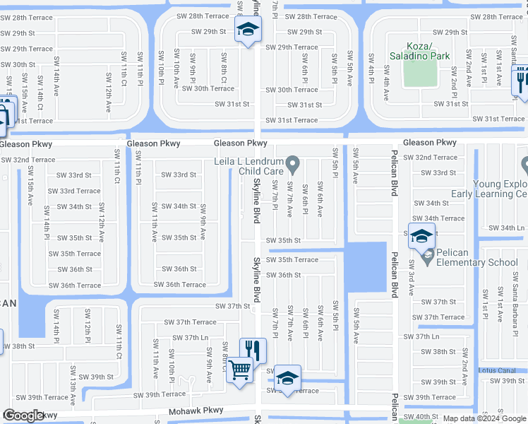 map of restaurants, bars, coffee shops, grocery stores, and more near 716 Southwest 34th Street in Cape Coral