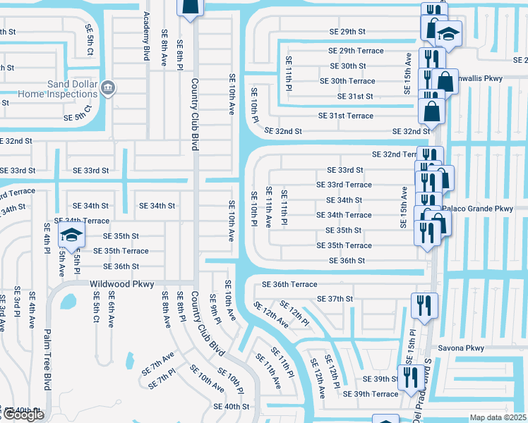 map of restaurants, bars, coffee shops, grocery stores, and more near 3334 Southeast 11th Avenue in Cape Coral