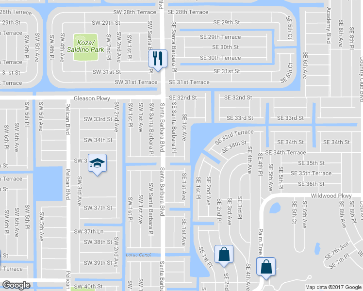 map of restaurants, bars, coffee shops, grocery stores, and more near 3325 Southeast 1st Avenue in Cape Coral