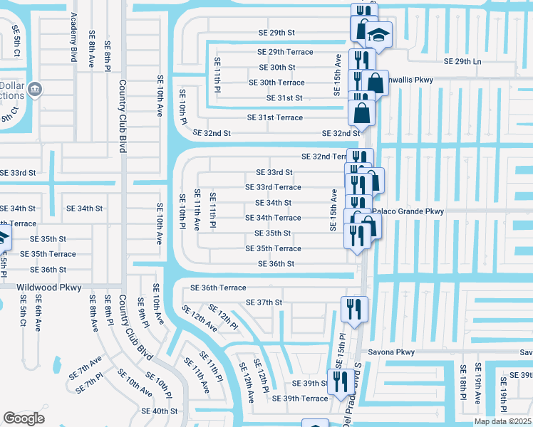 map of restaurants, bars, coffee shops, grocery stores, and more near 1218 Southeast 34th Street in Cape Coral
